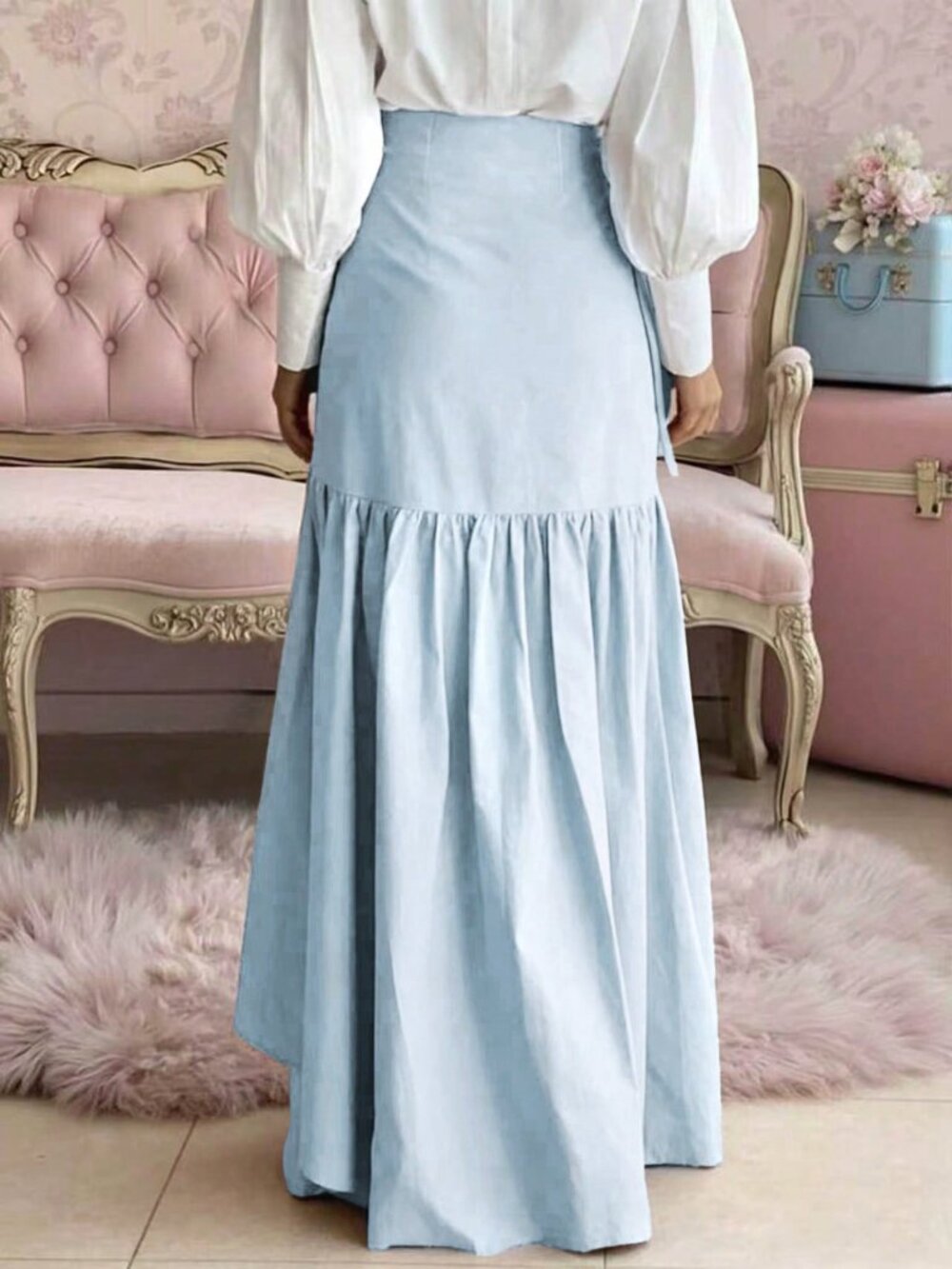 Blue Casual Women's Flared Pleated Long Skirt Tie-Up - Picture 2 of 5